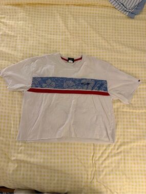 Tommy Hilfiger White Tee with Blue Floral Chest Panel and Red Stripe